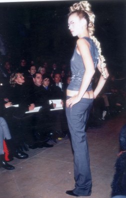 PKT4137 - 298081 KATE MOSS MODEL 1996 Kate's version - at hte Alexander McQueen Show. The supermodel was wearing a vest and low slung trousers known as bumsters at a show by British designer Alexander McQueen hailed as the up and coming star of the London fashion scene.